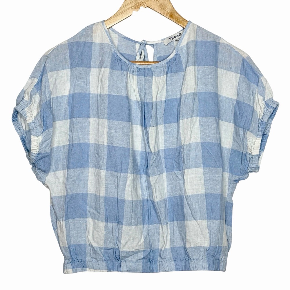 Madewell Checkered Linen Blend Crop Top Blue Womens XS Preppy Cottagecore Plaid
